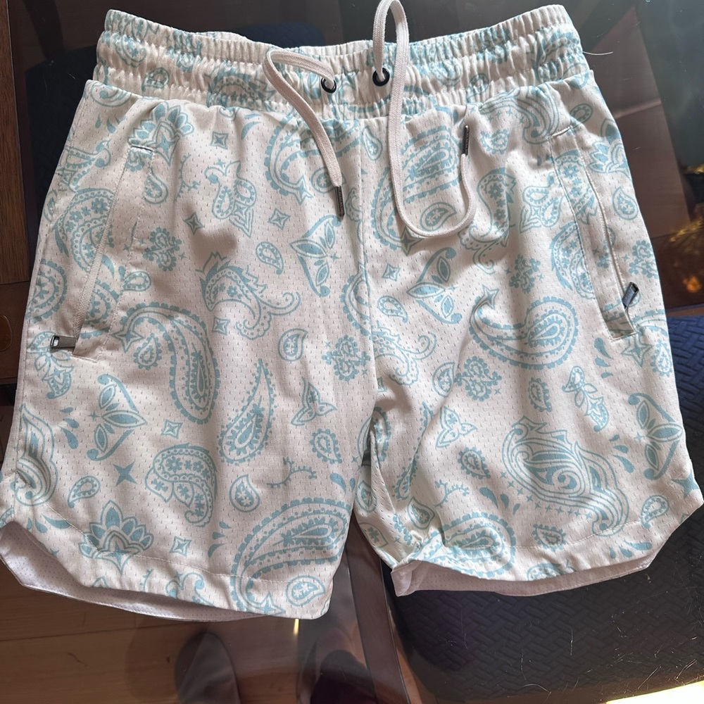 Paisley Print Mesh Men's Swim Trunks in Light Blue